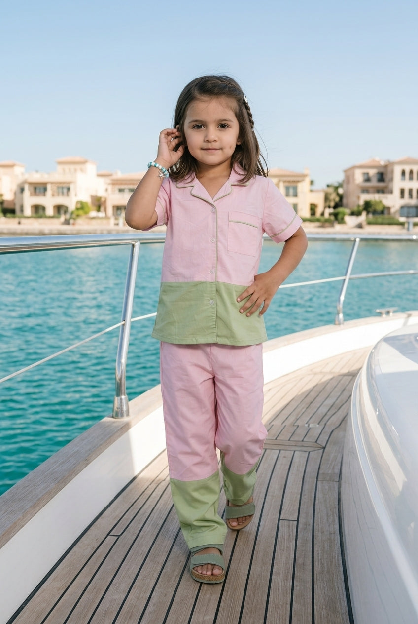Pink & Green Lapel Collar Cotton Blend Color Blocked Night Suit For Kids