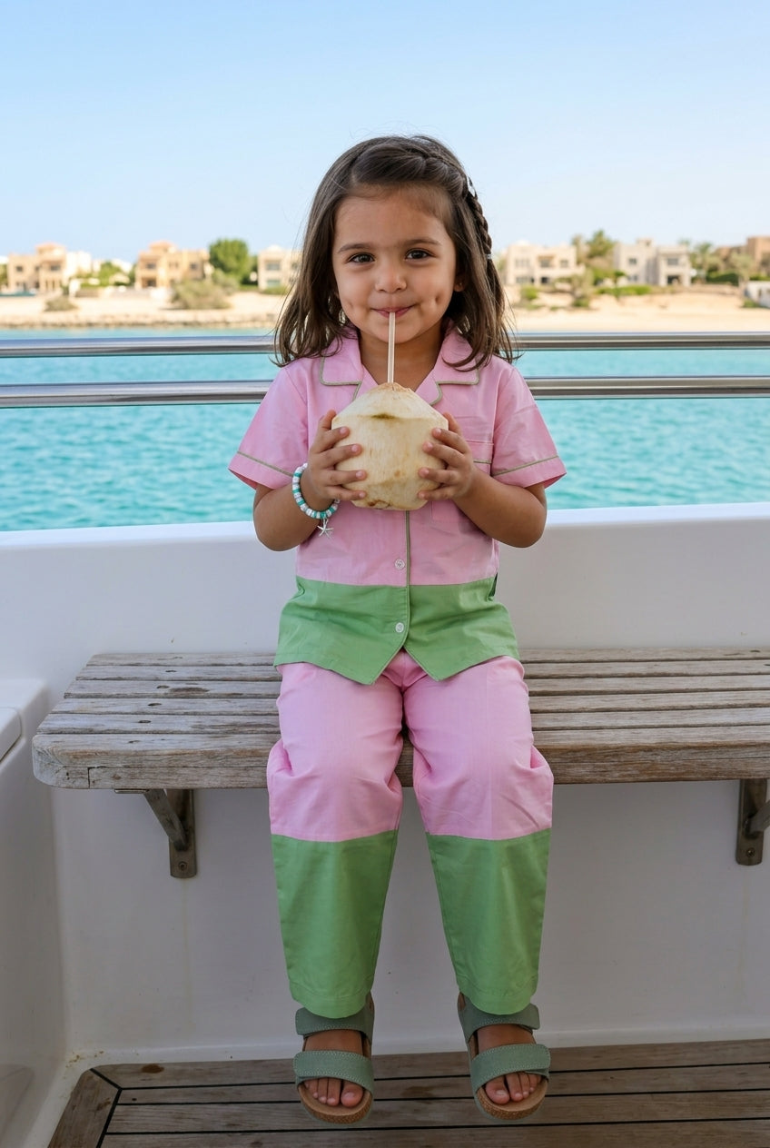 Pink & Green Lapel Collar Cotton Blend Color Blocked Night Suit For Kids