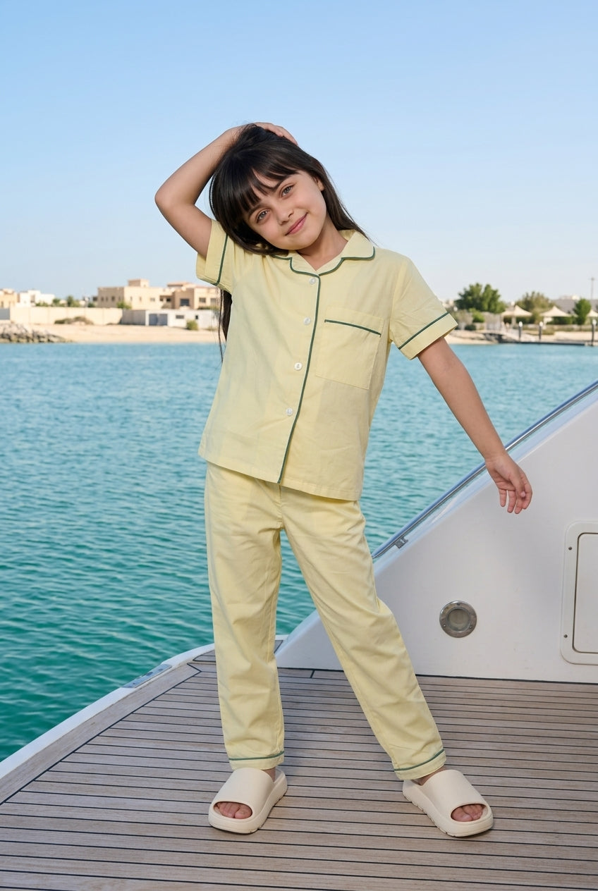 Yellow Lapel Collar Solid Cotton Blend Night Suit For Kids