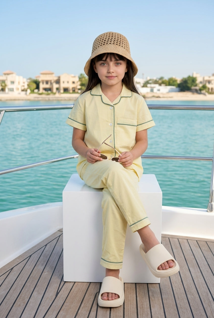 Yellow Lapel Collar Solid Cotton Blend Night Suit For Kids