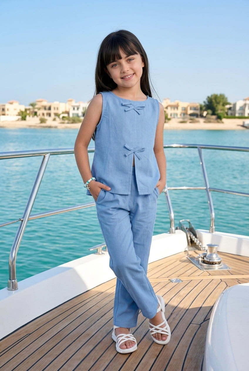 Blue Round Neck Sleeveless Cotton Blend Night Suit For Kids