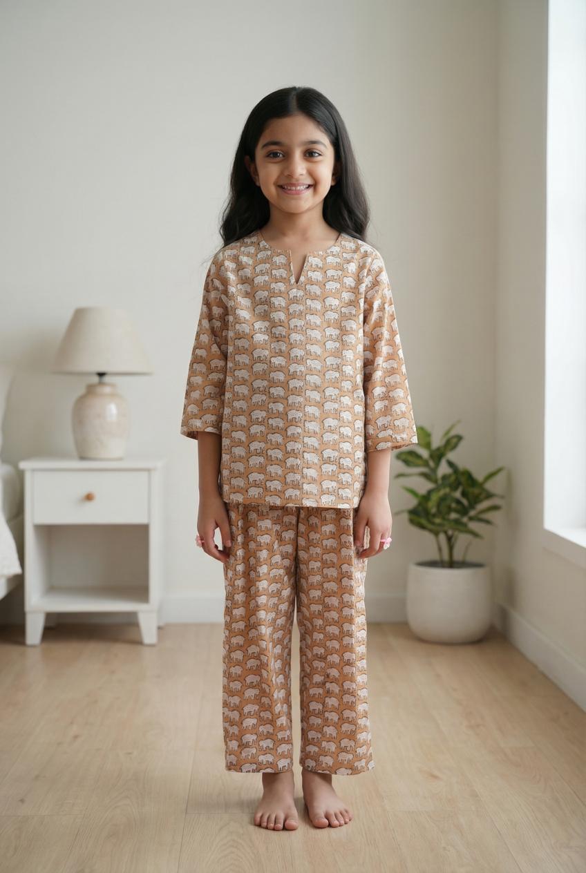 Brown Round Neck Elephant Printed Cotton Kids Night Suit