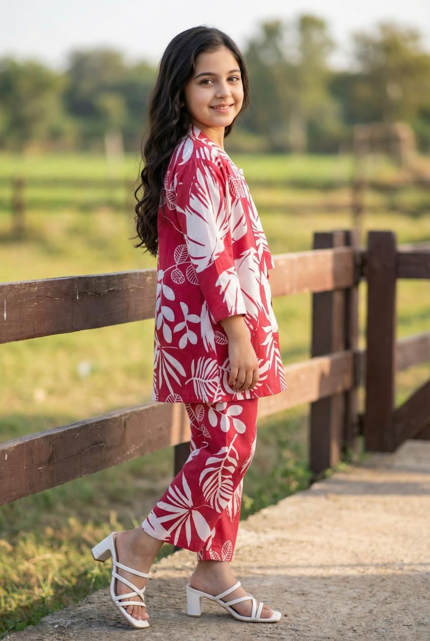 Pink Round Neck Pure Cotton Floral Print Night Suit Set For Kids