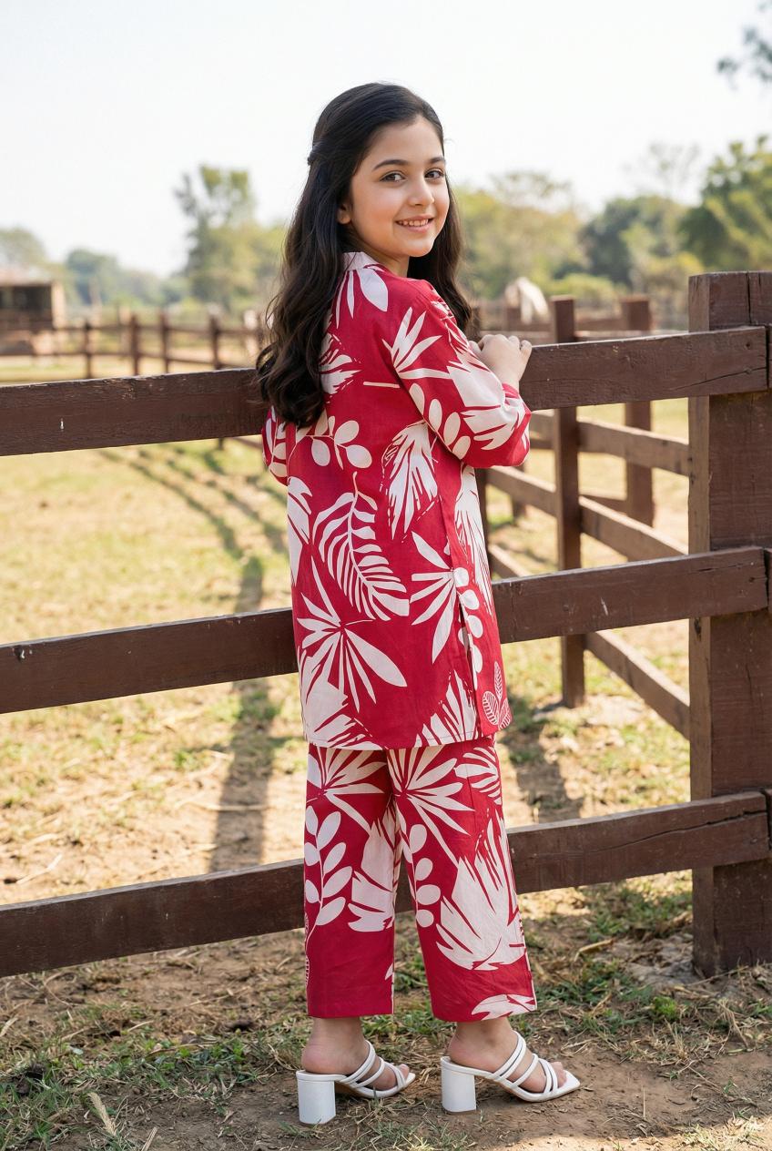 Pink Round Neck Pure Cotton Floral Print Night Suit Set For Kids