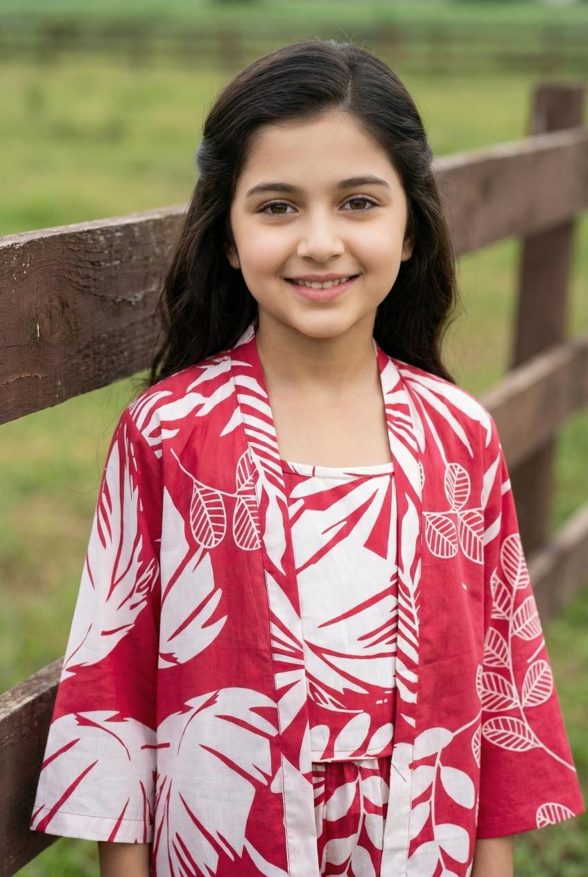 Pink Round Neck Pure Cotton Floral Print Night Suit Set For Kids