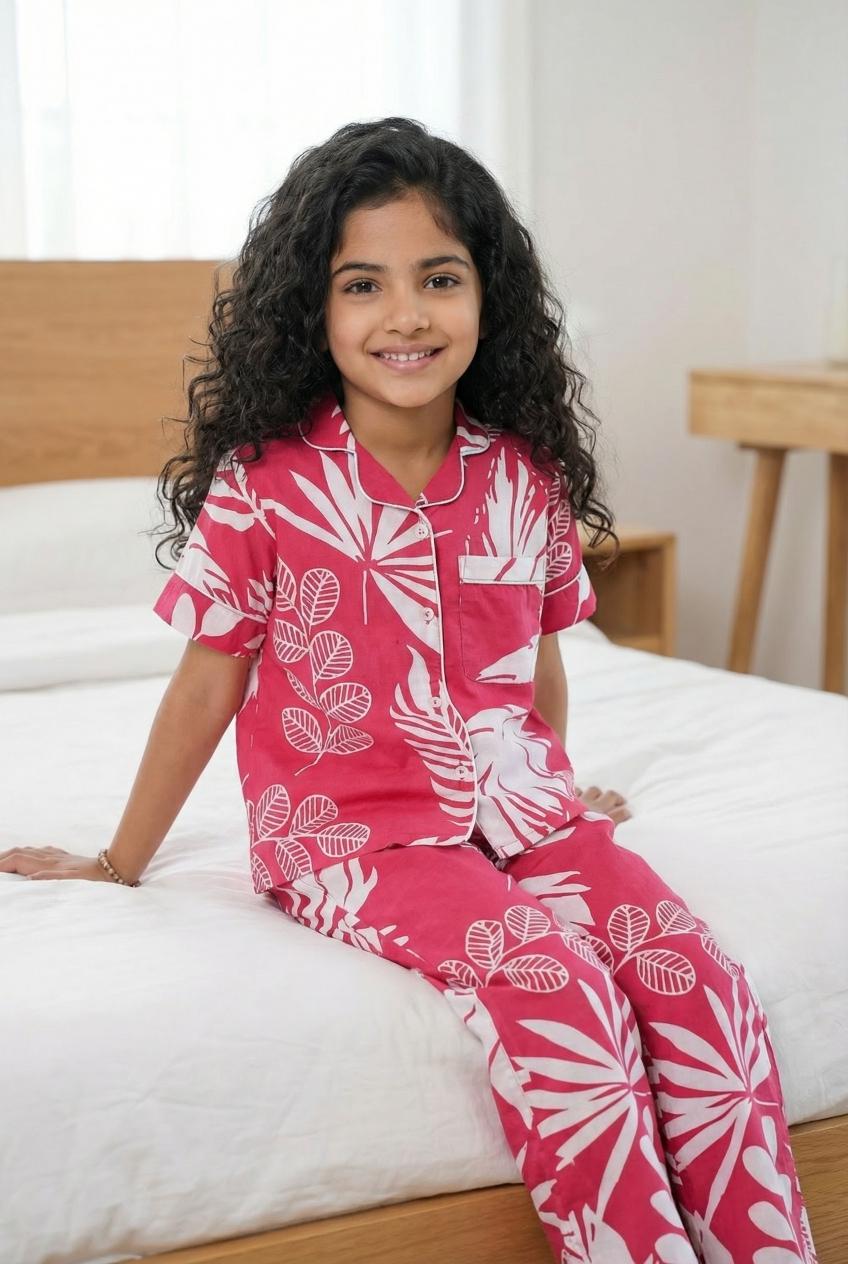 Pink Floral Print Lapel Collar Cotton Night Suit For Kids