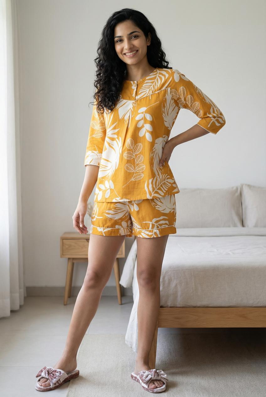 Mustard Yellow Round Neck Floral Print Cotton Night Suit Set For Women