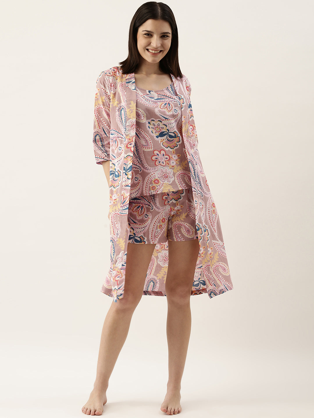 Paisley Printed Cotton 3 Peice Night Suit Shorts Set