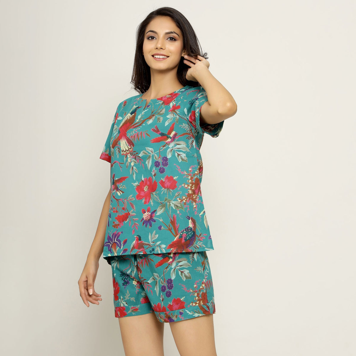 Teal Cotton Printed Night Suit Set With Shorts