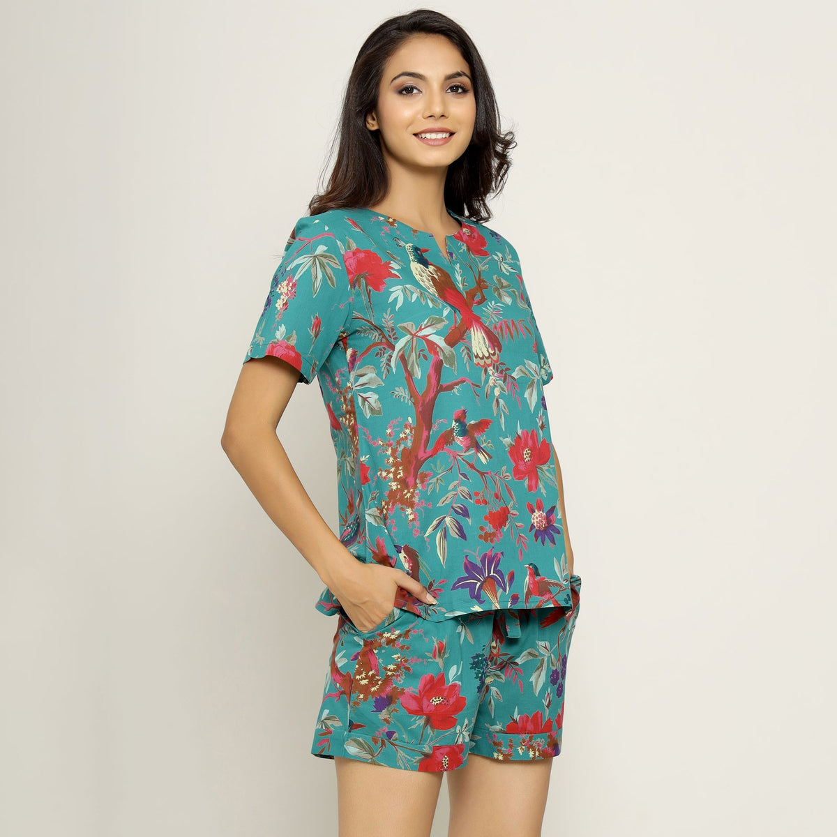 Teal Cotton Printed Night Suit Set With Shorts