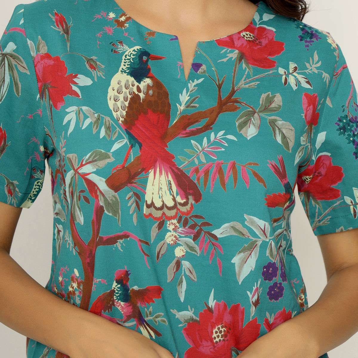 Teal Cotton Printed Night Suit Set With Shorts