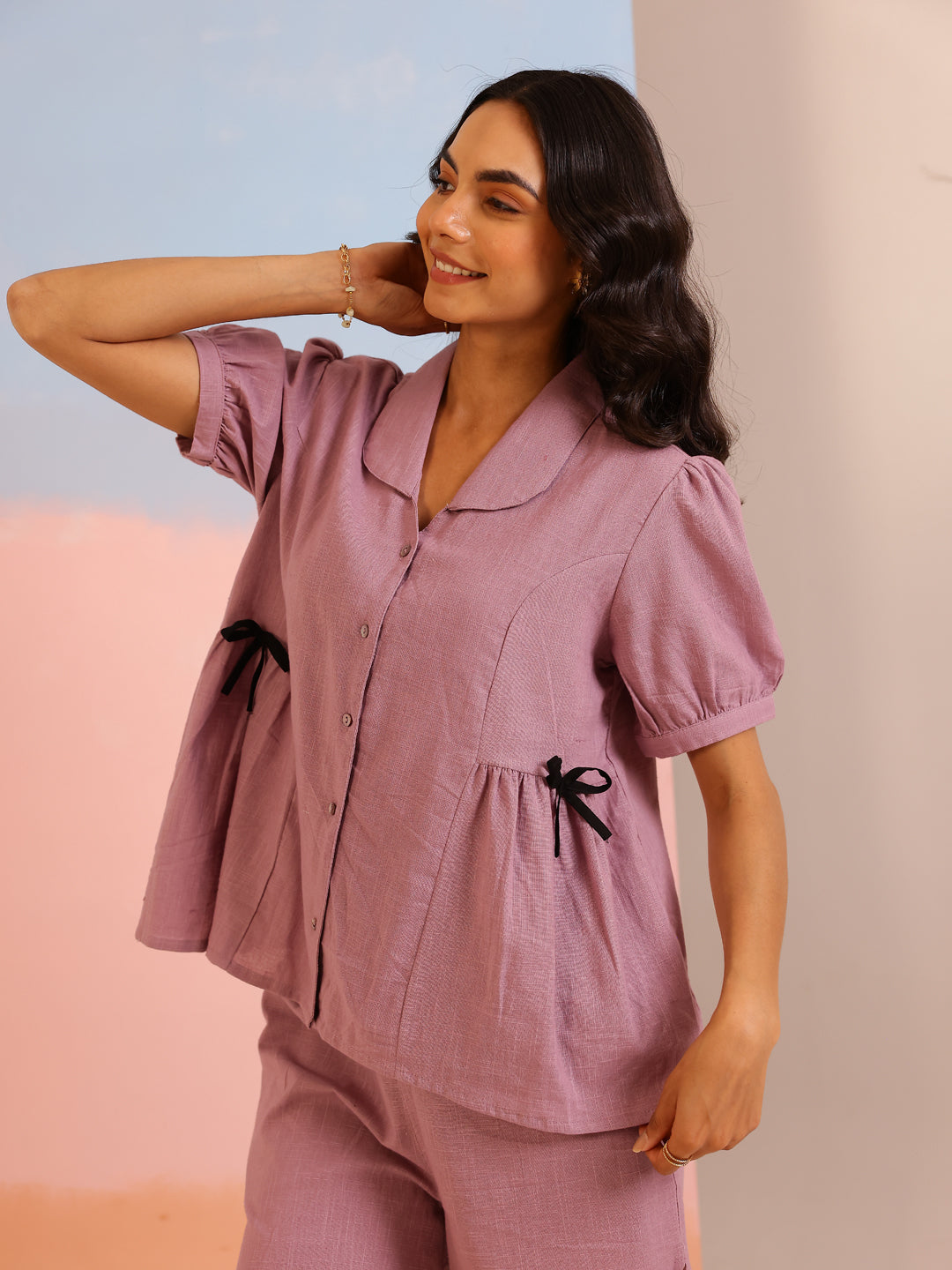 Lavender Color Solid Pure Cotton Night Suit