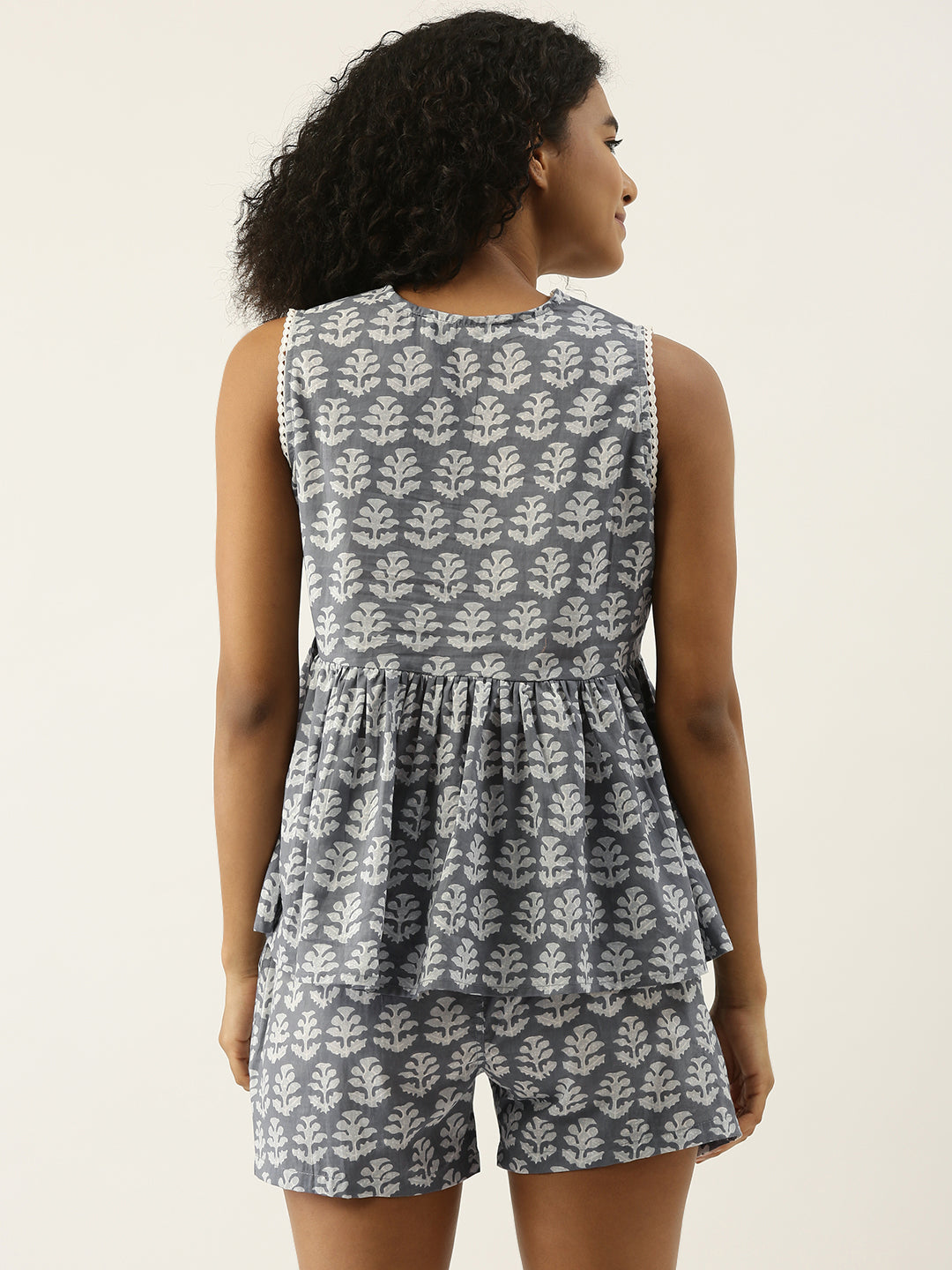 Women Grey Ethnic Motifs Printed Cotton Sleeveless Night Suit With Shorts