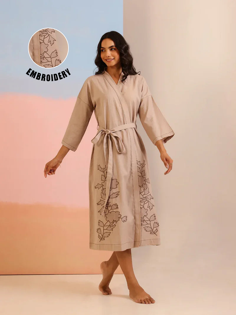 Beige Color Floral Printed Cotton Bath Robe
