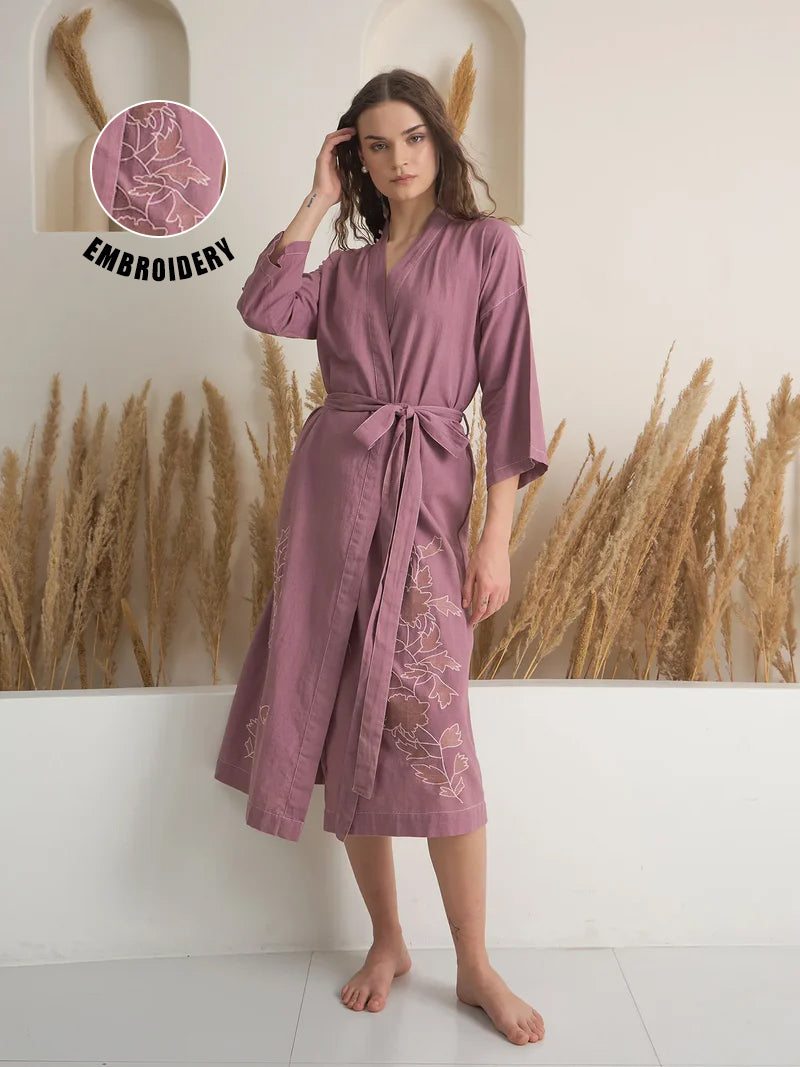 Pink V-Neck Floral Printed Cotton Bath Robe