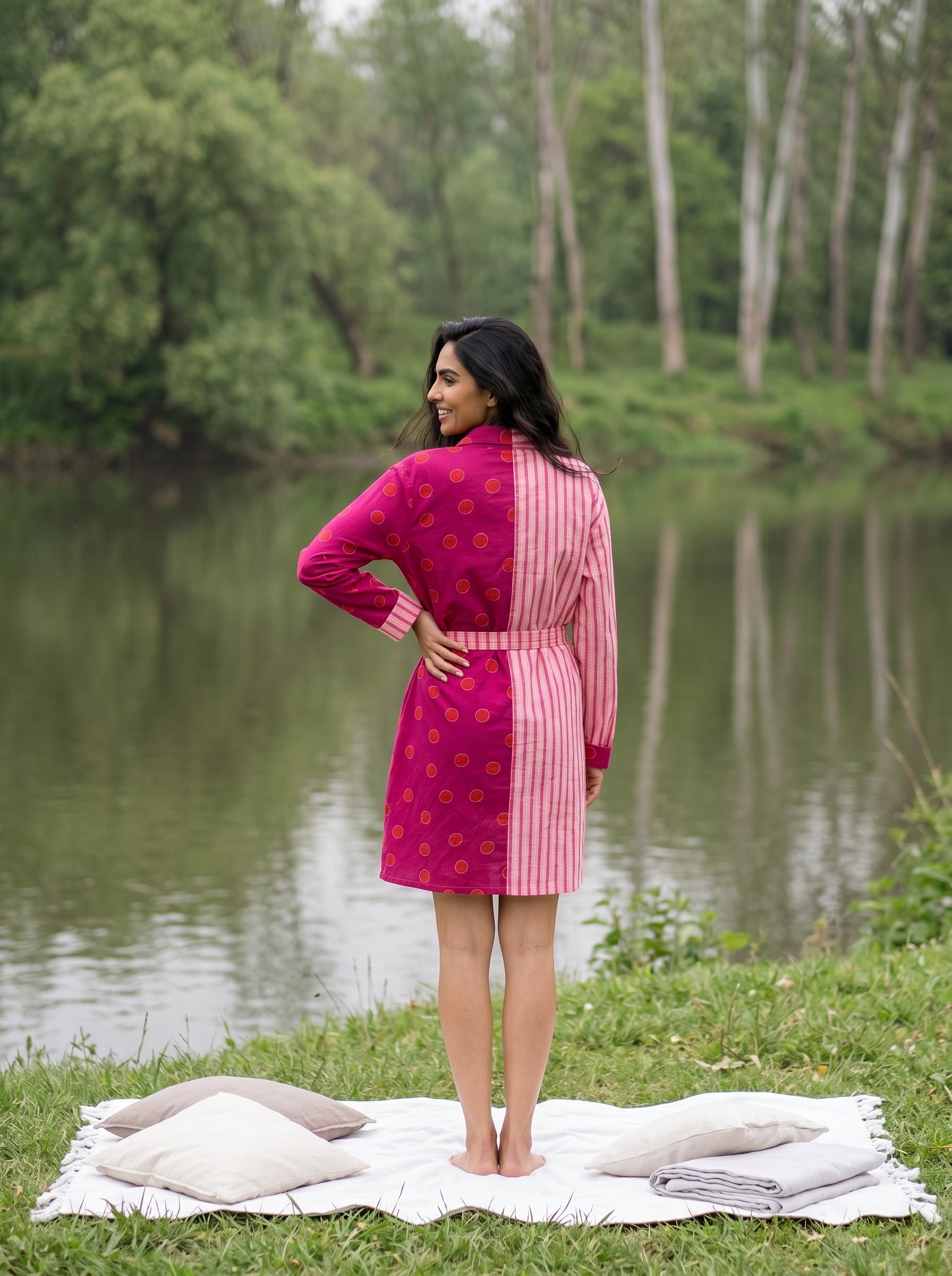 Pink Stripes Polka Dot V-Neck Cotton Bathrobe For Women