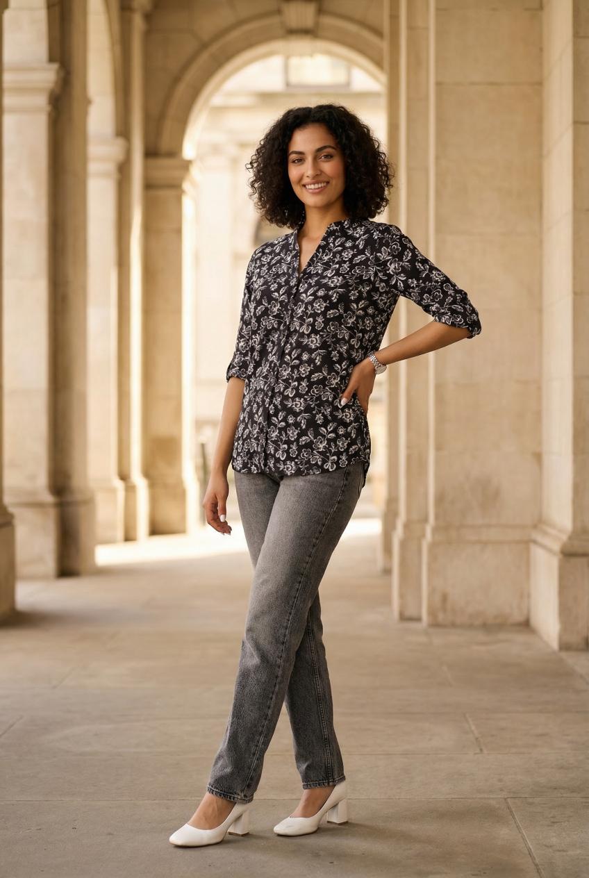 Black Floral Print Mandarin Collar Casual Shirt For Women