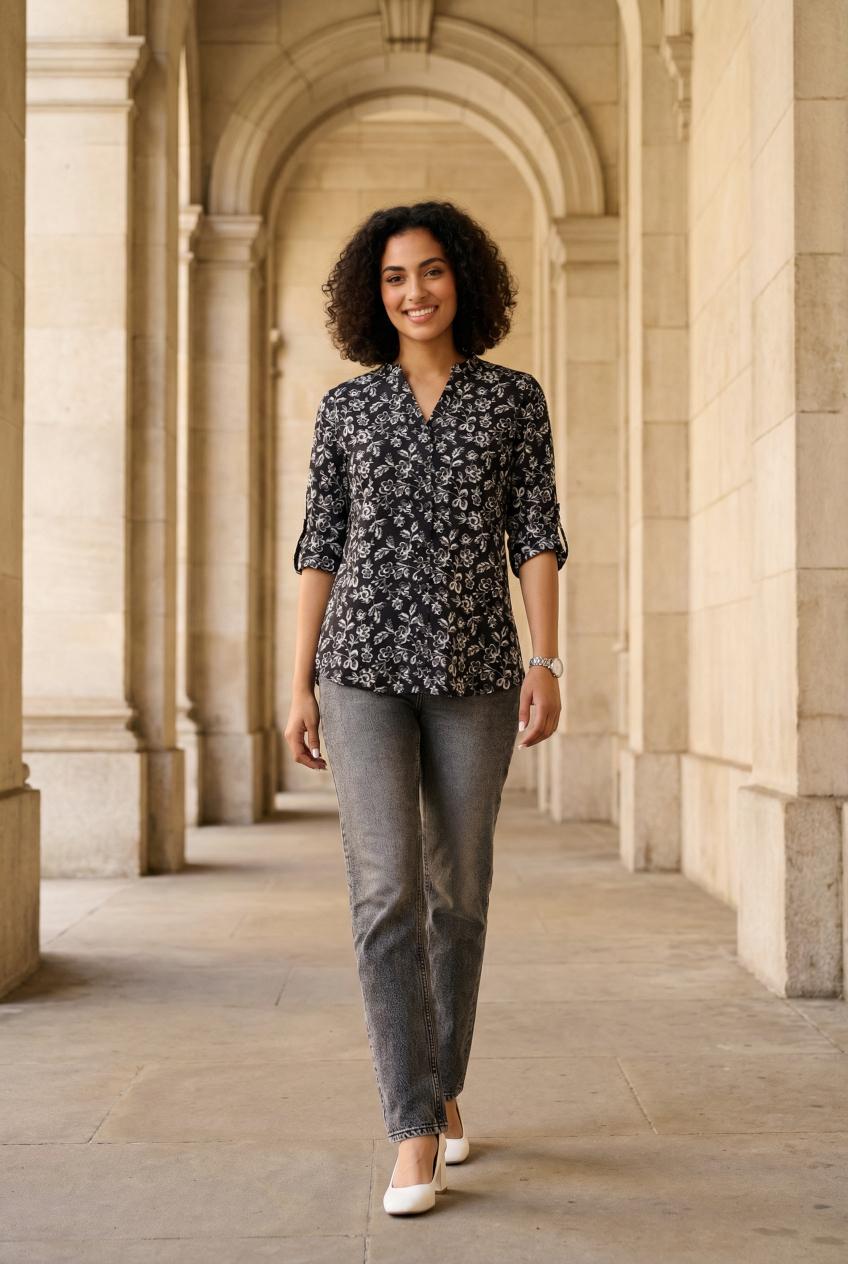 Black Floral Print Mandarin Collar Casual Shirt For Women