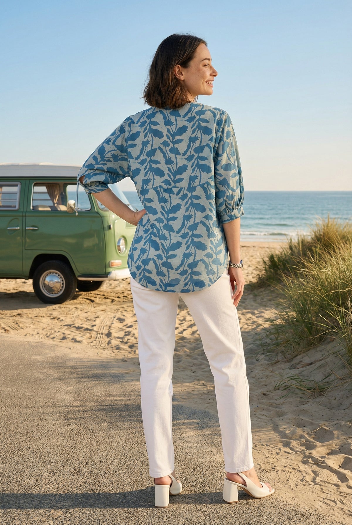 Teal Color Floral Print Cotton Shirt For Women