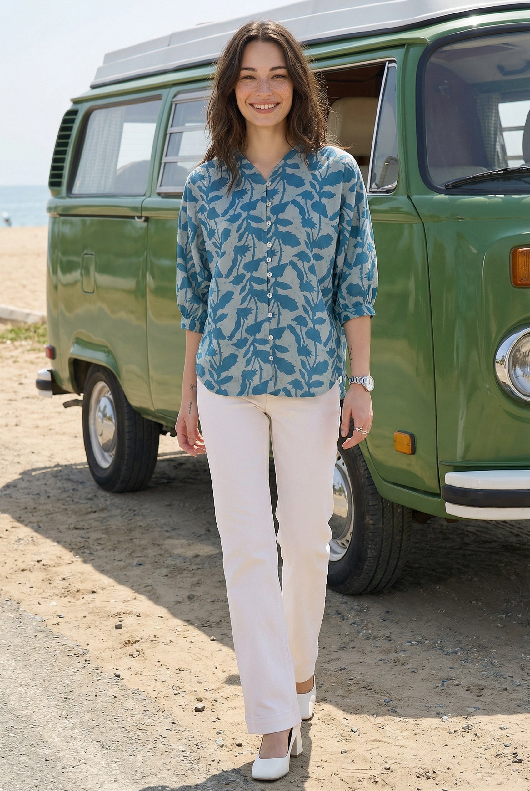 Teal Color Floral Print Cotton Shirt For Women