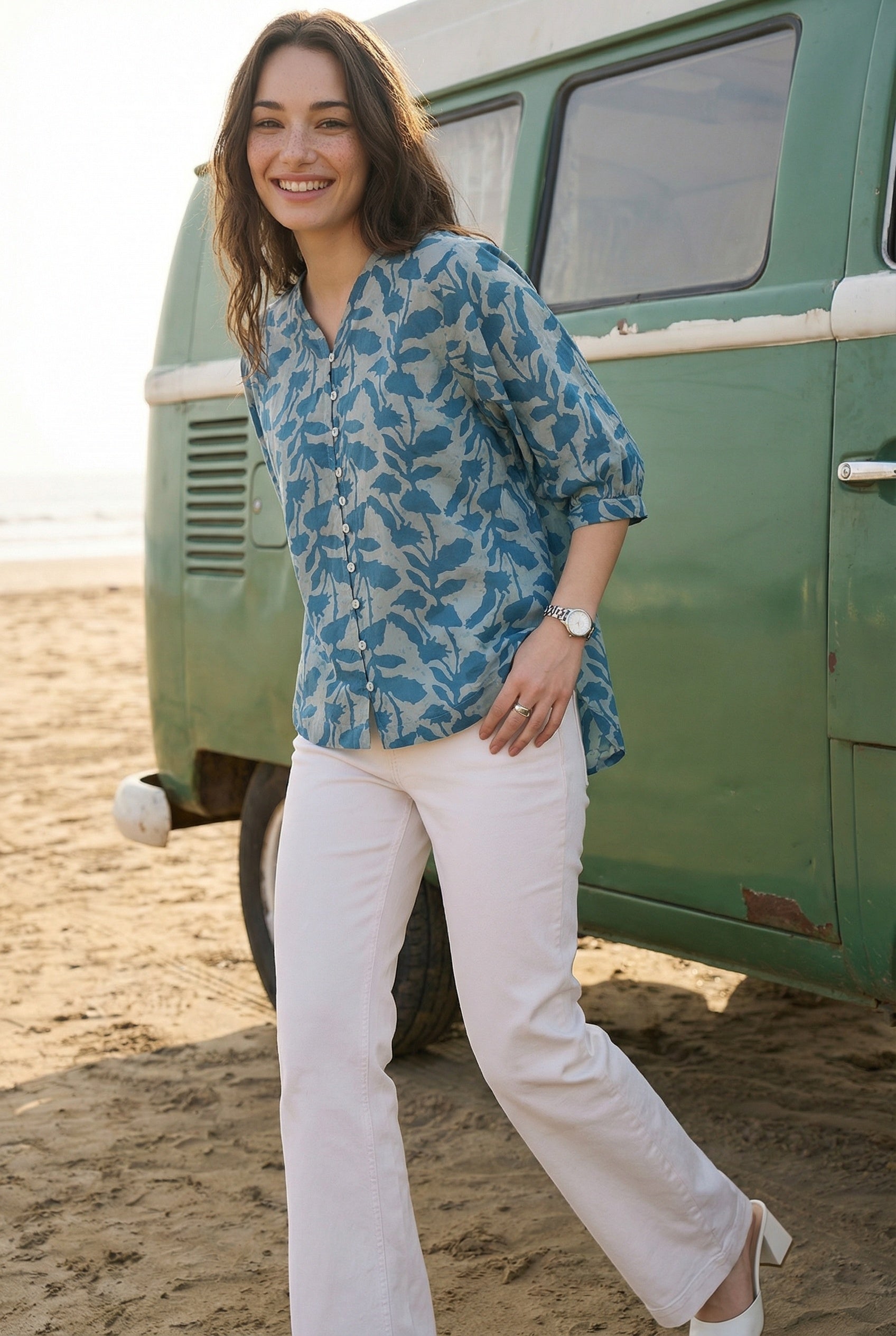 Teal Color Floral Print Cotton Shirt For Women
