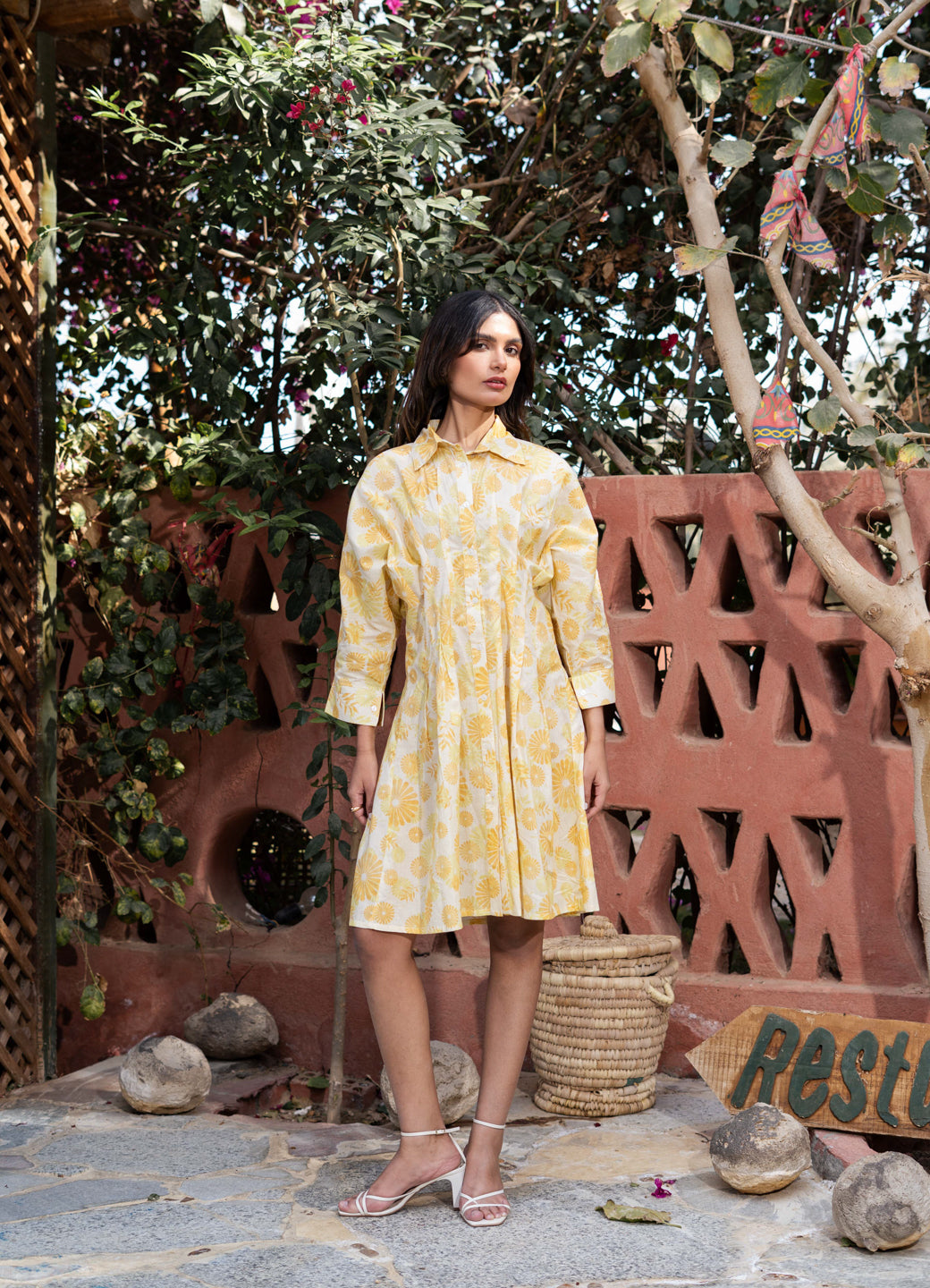 Yellow Cotton Shirt Collar Abstract Printed Dress