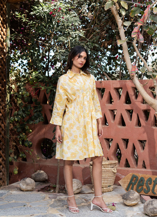 Yellow Cotton Shirt Collar Abstract Printed Dress
