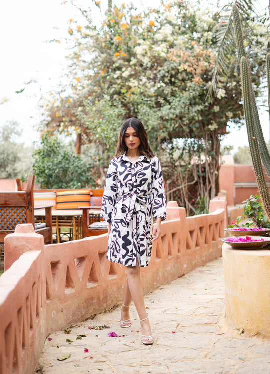 Black Printed Shirt Collar Dress for Women