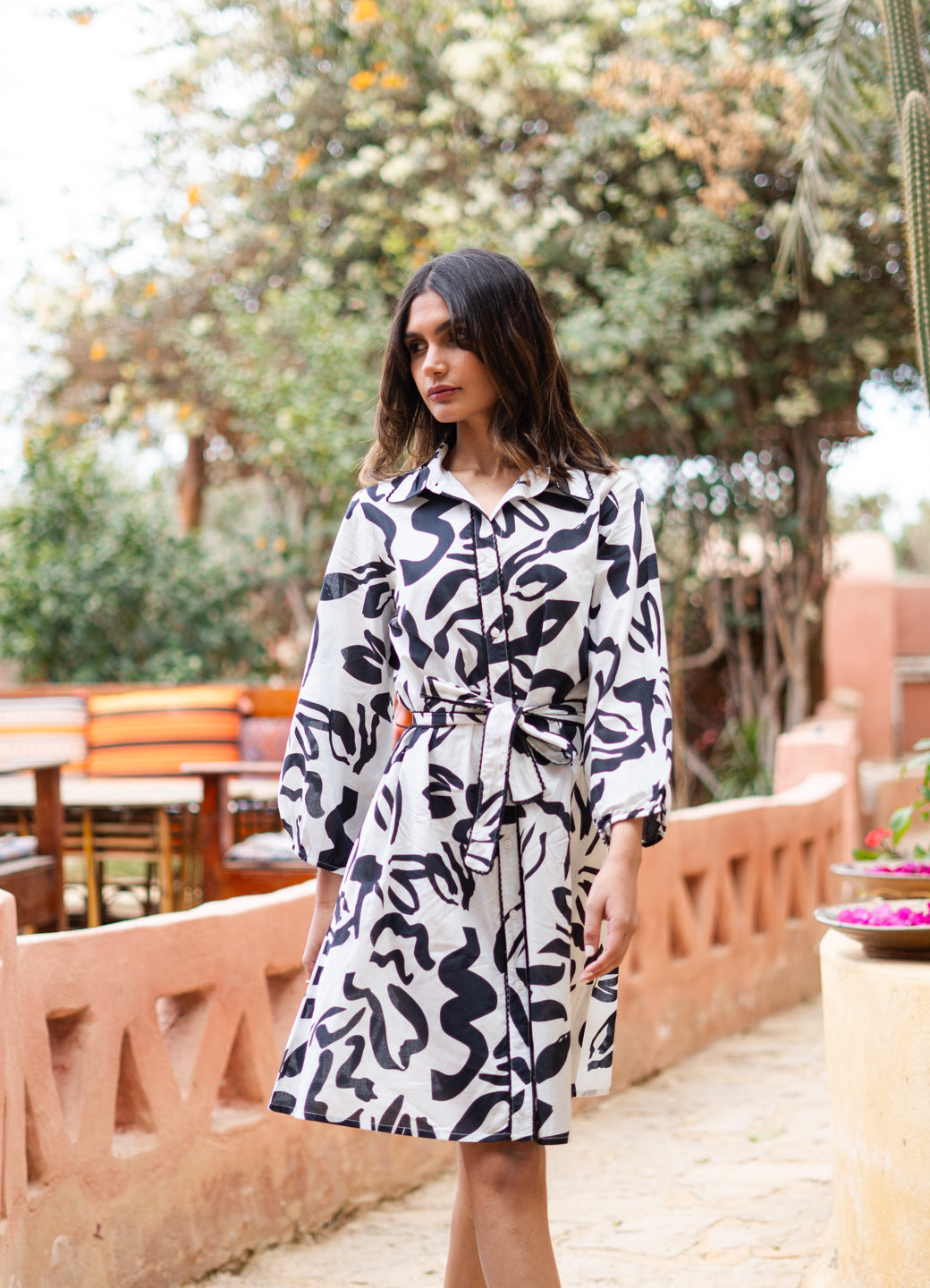 Black Printed Shirt Collar Dress for Women