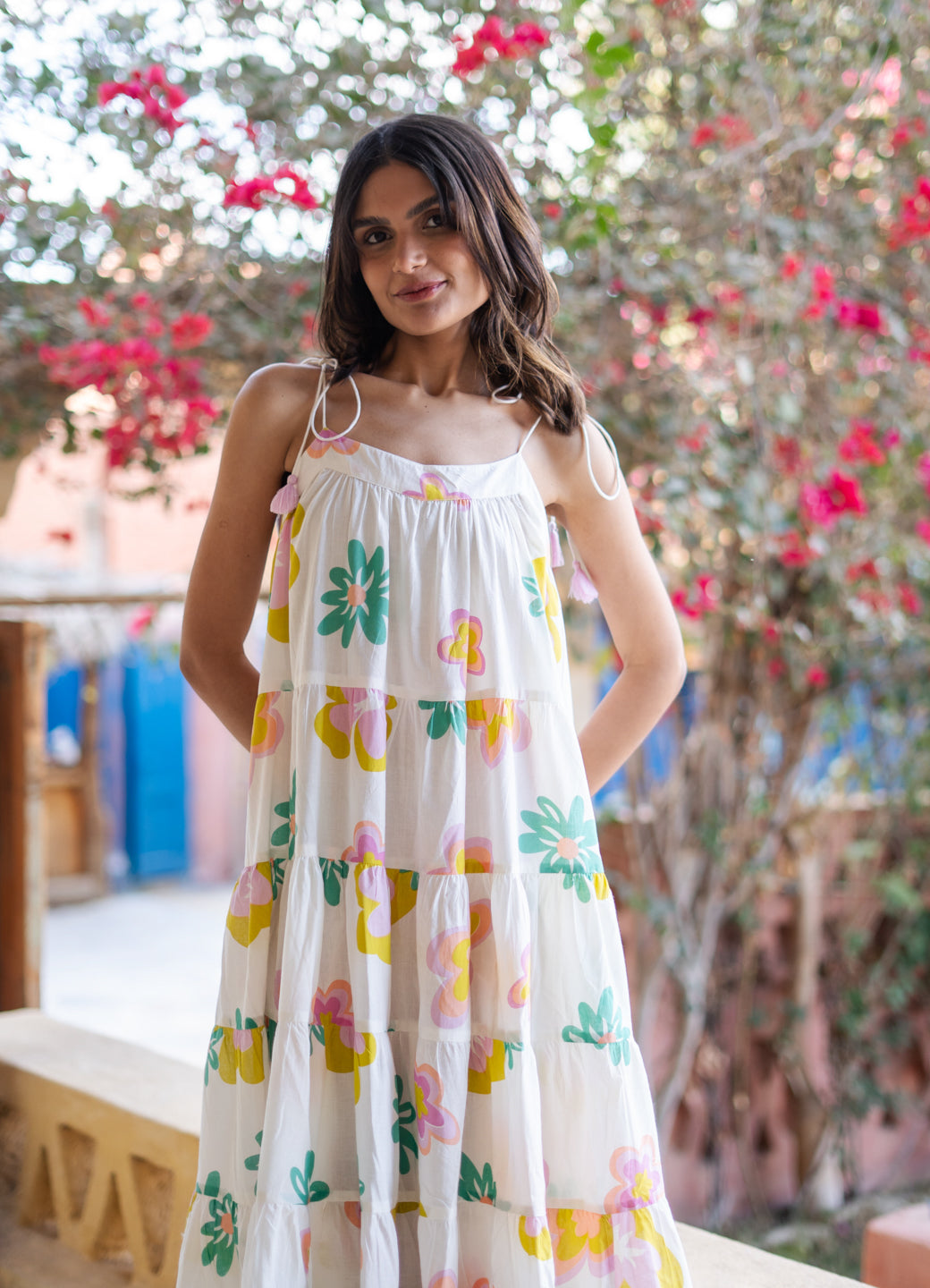 White Floral Printed Cotton Dress for Women