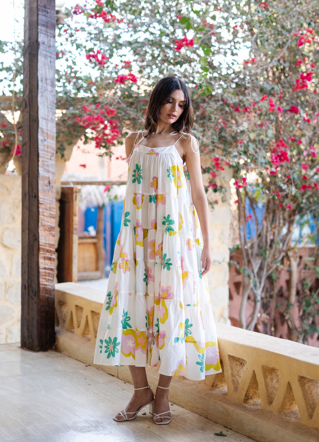 White Floral Printed Cotton Dress for Women