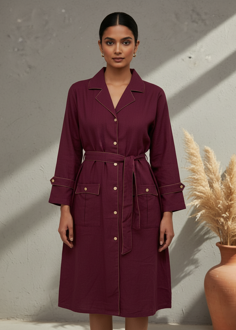 Maroon Solid Shirt Collar Dress Set For Women