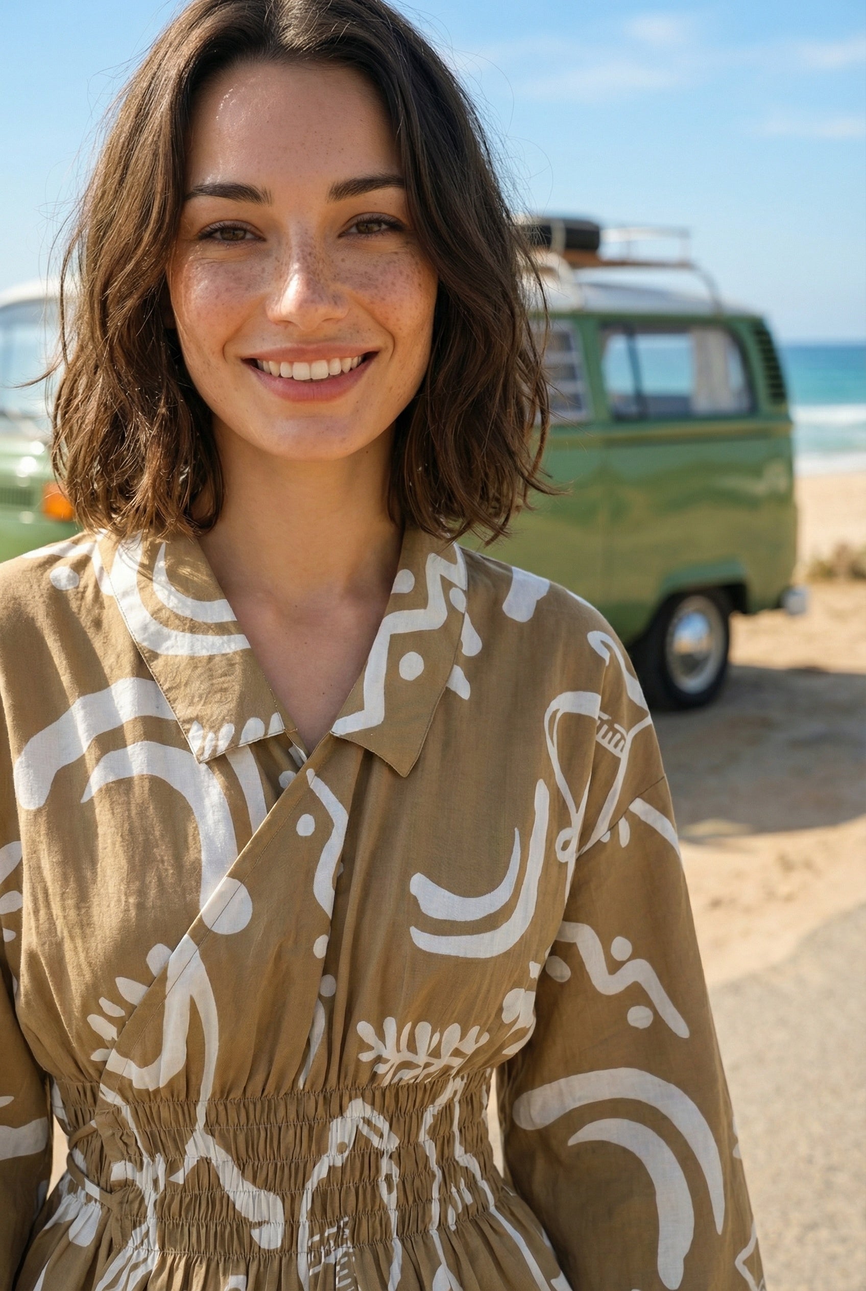 Olive Shirt Collar Abstract Print Cotton Dress For Women