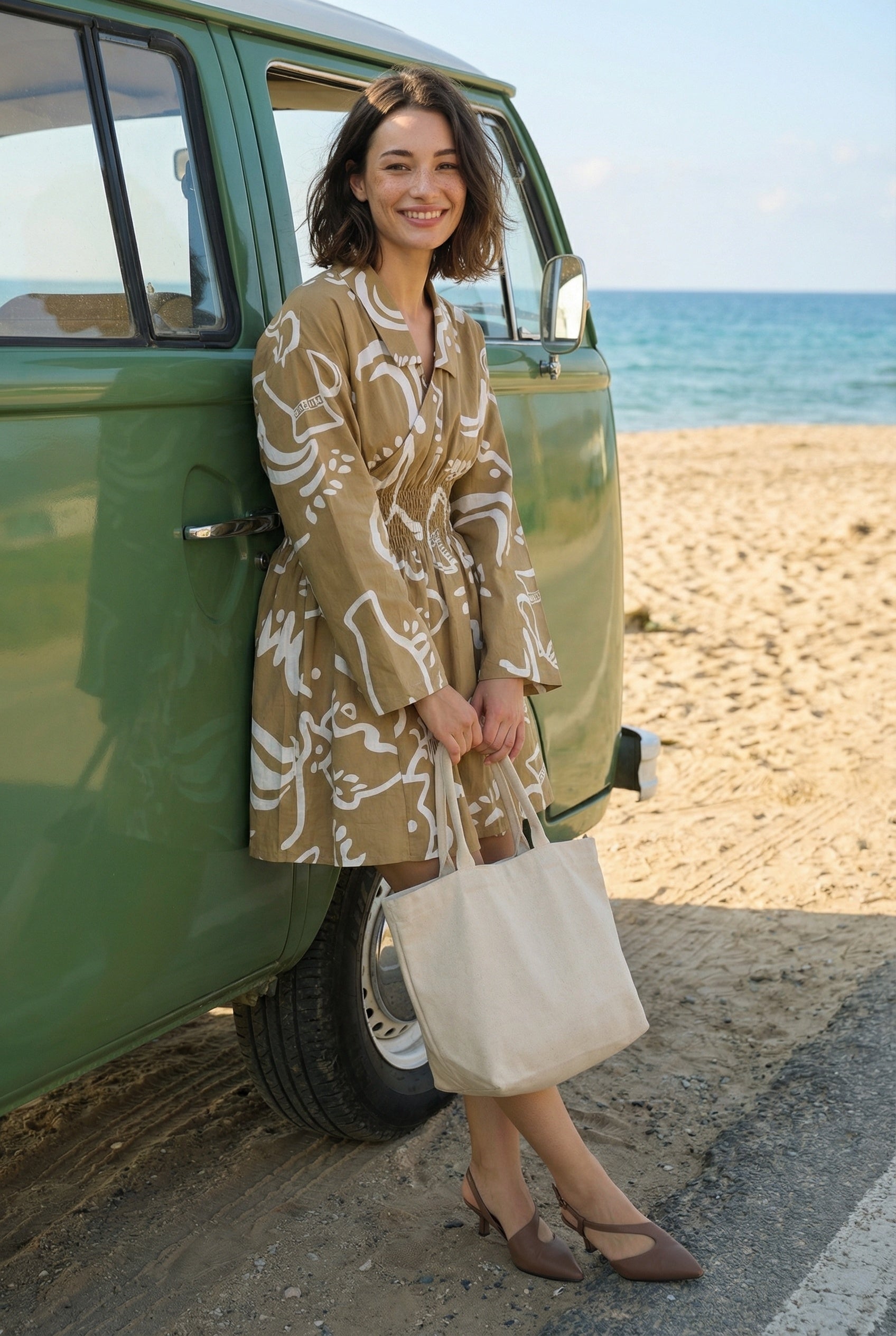 Olive Shirt Collar Abstract Print Cotton Dress For Women