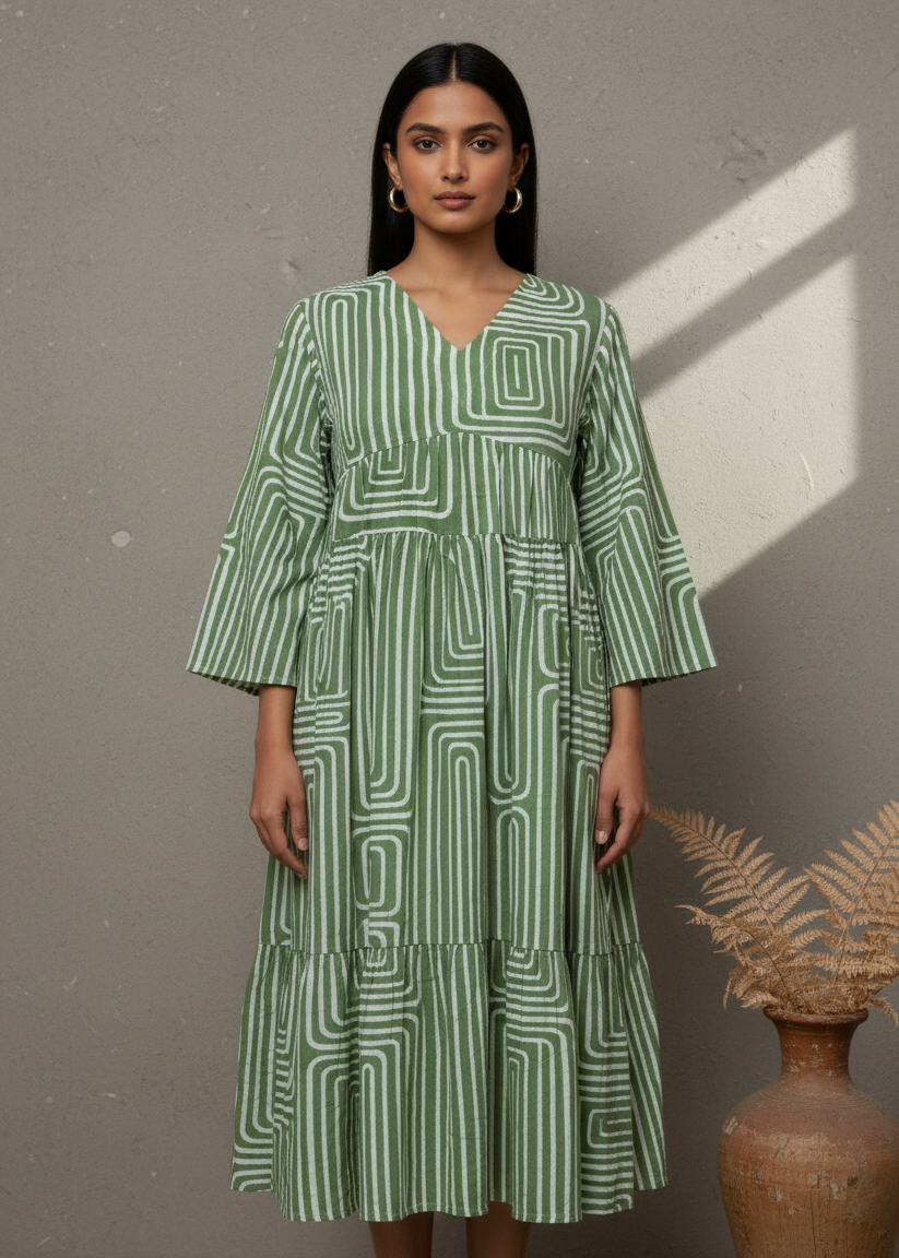 Off White Geometric Print V-Neck Dress for women