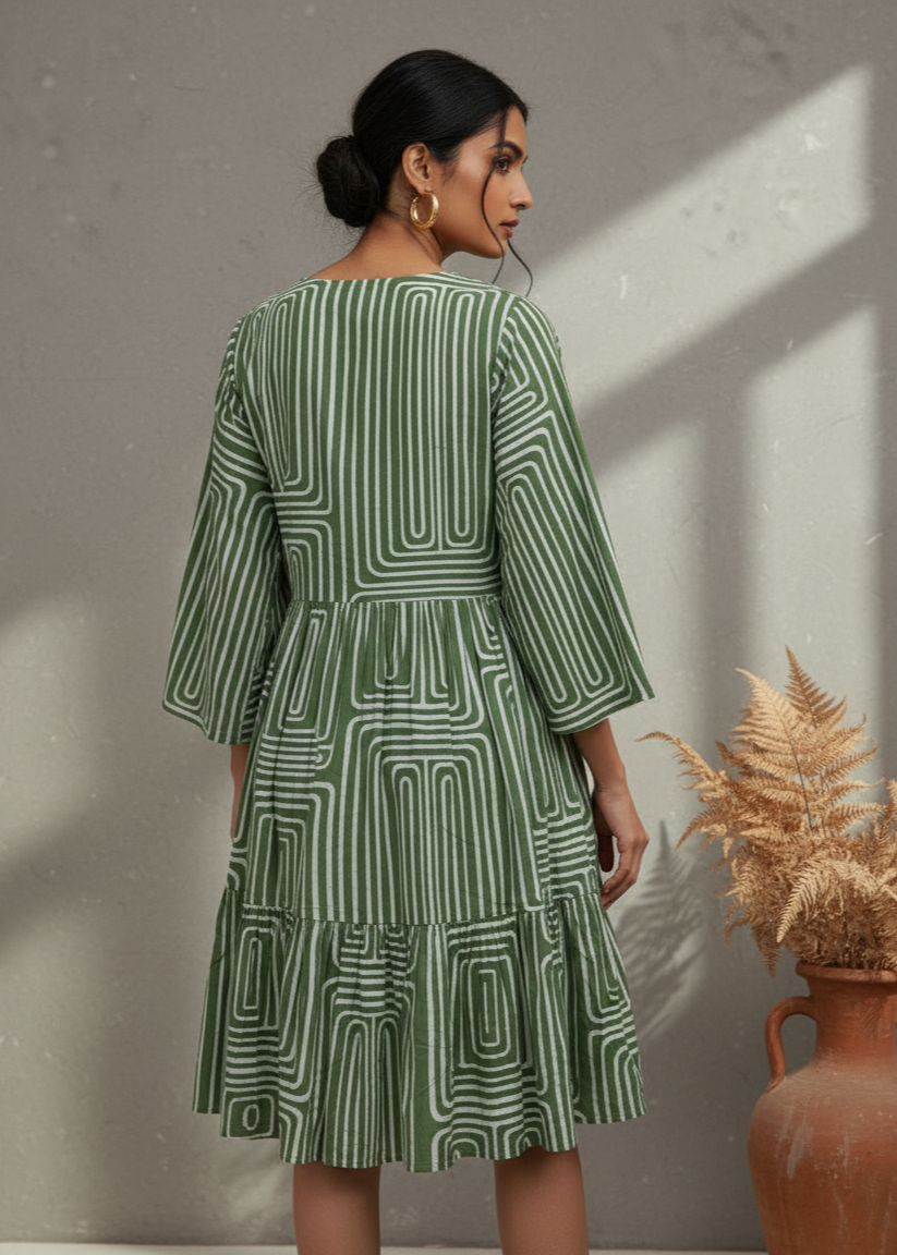 Off White Geometric Print V-Neck Dress for women