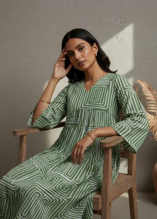 Off White Geometric Print V-Neck Dress for women