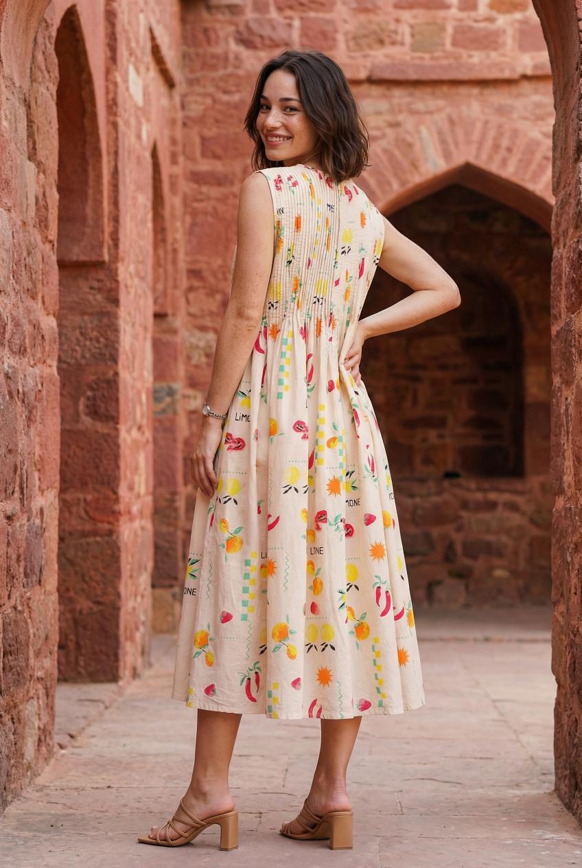 Peach Round Neck Print Cotton Dress For Women