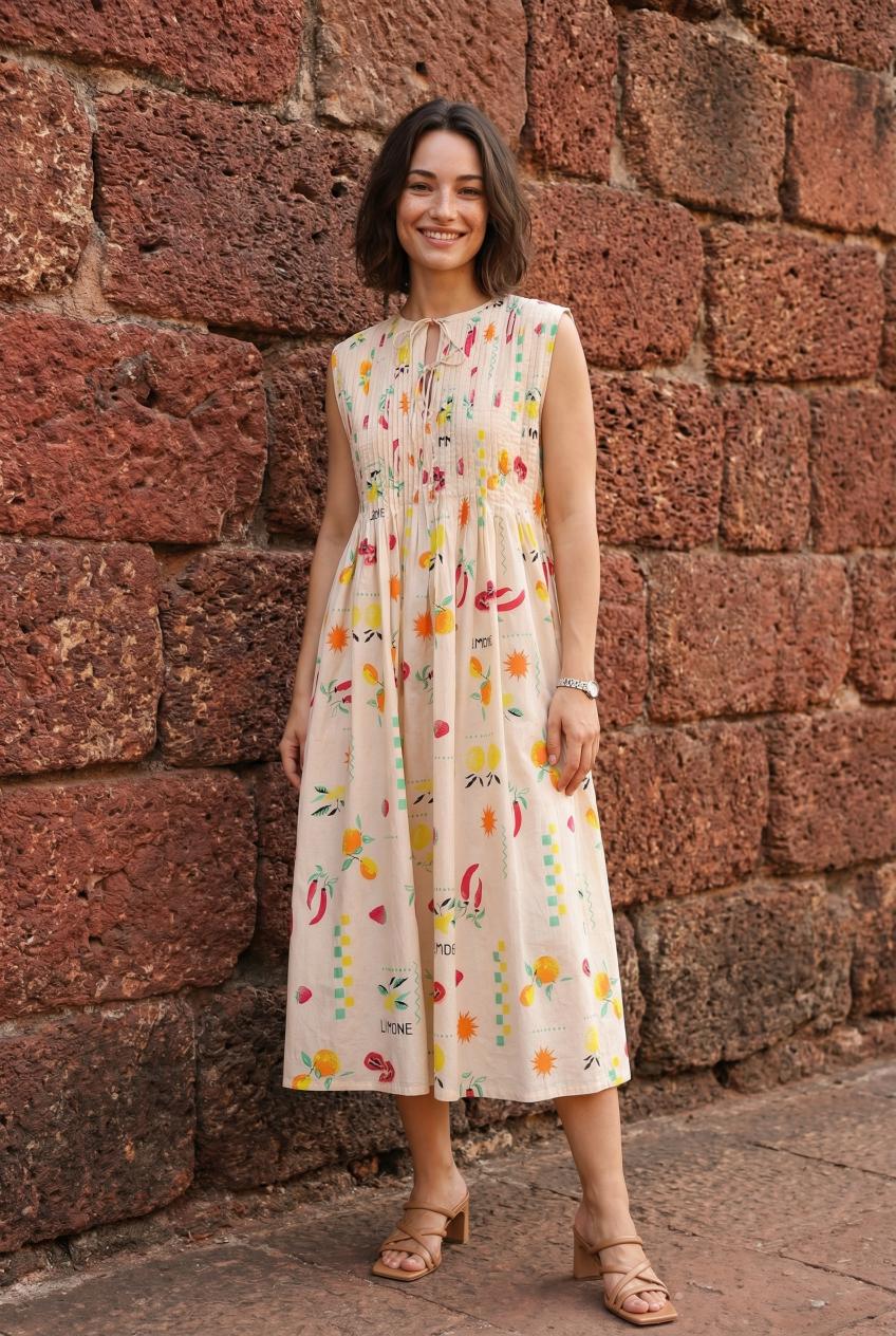 Peach Round Neck Print Cotton Dress For Women