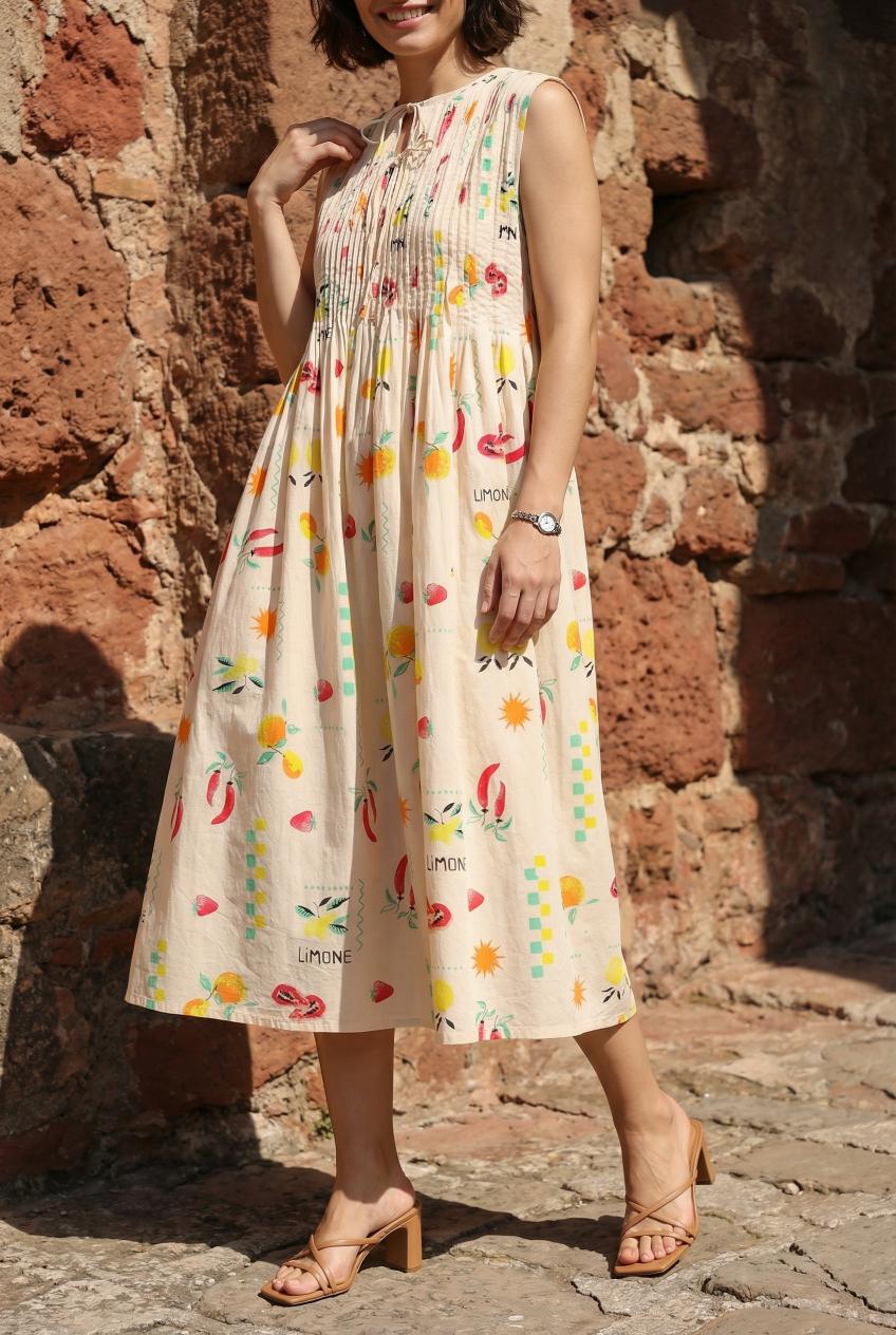 Peach Round Neck Print Cotton Dress For Women