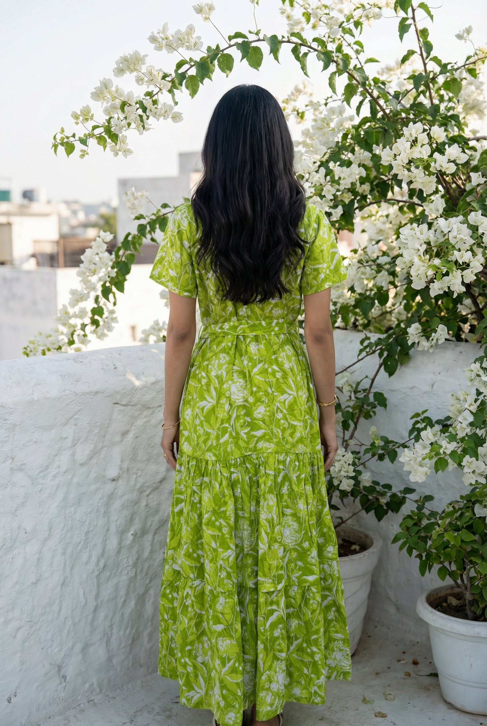 Green Floral Print Shirt Collar Flared Dress for Women