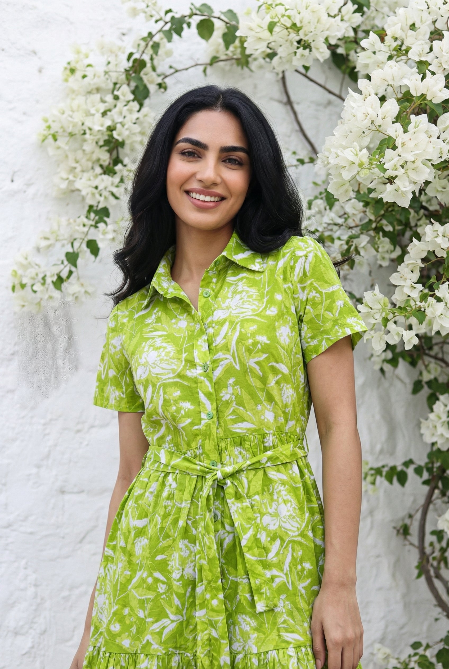 Green Floral Print Shirt Collar Flared Dress for Women