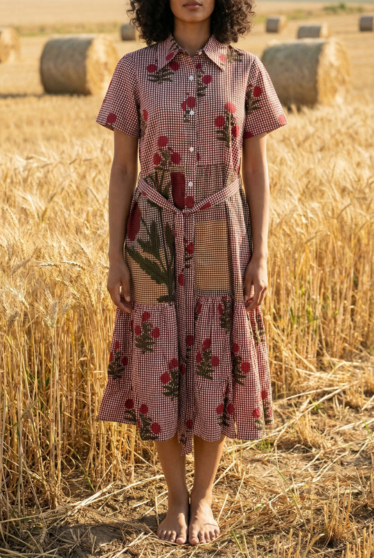 Red Floral Print Shirt Collar Cotton Dress for Women