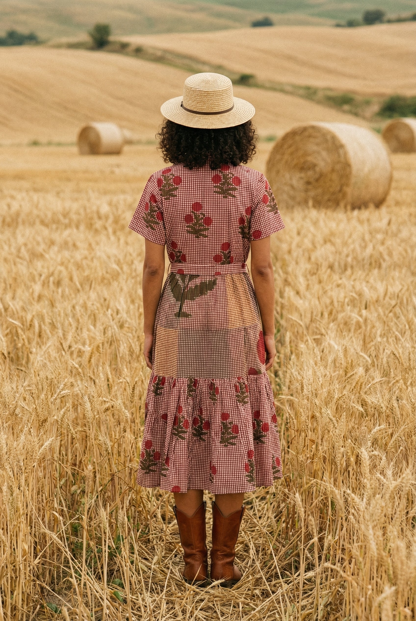 Red Floral Print Shirt Collar Cotton Dress for Women