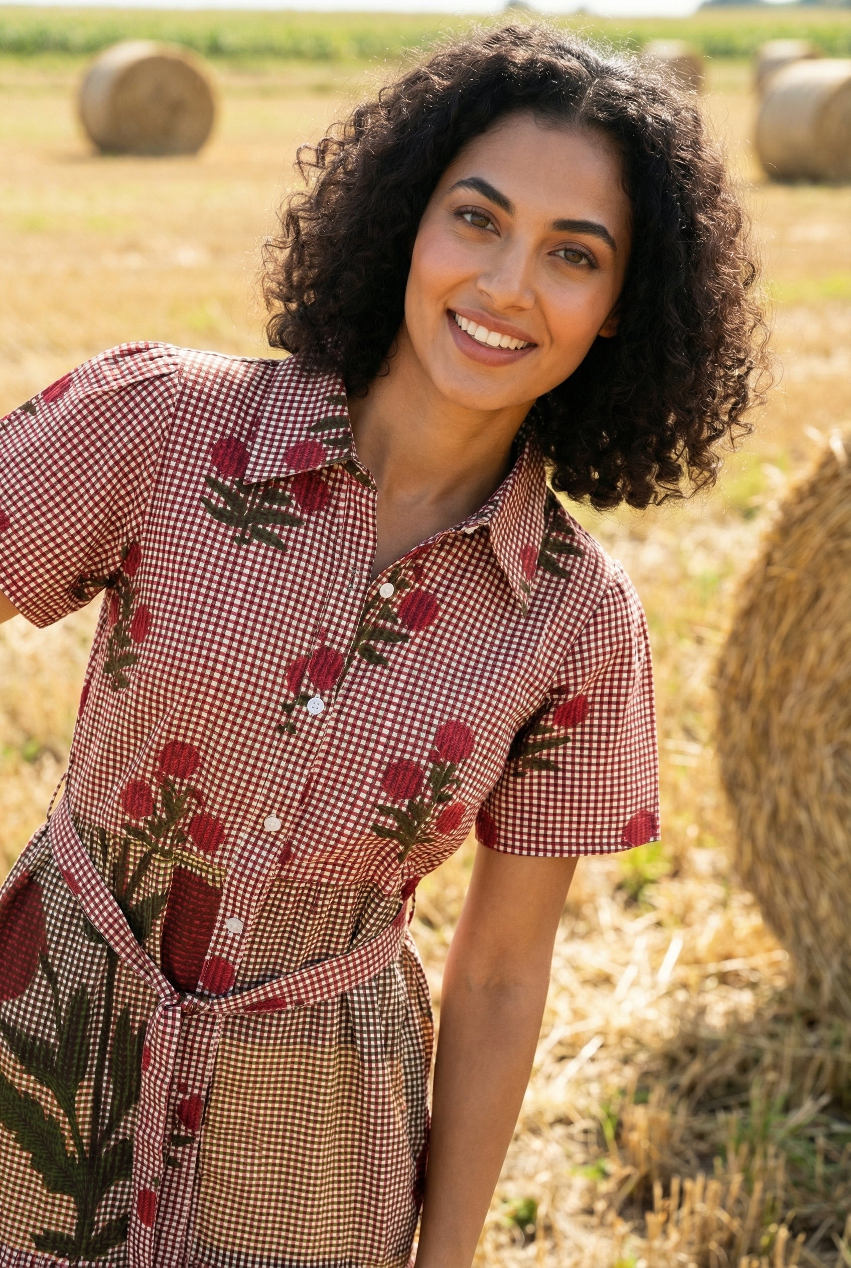 Red Floral Print Shirt Collar Cotton Dress for Women
