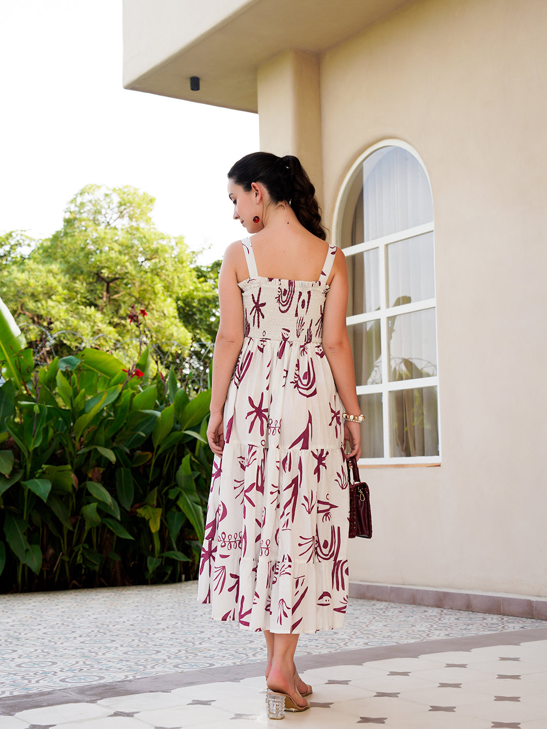 Off White Cotton Square Neck Printed Dress For Women