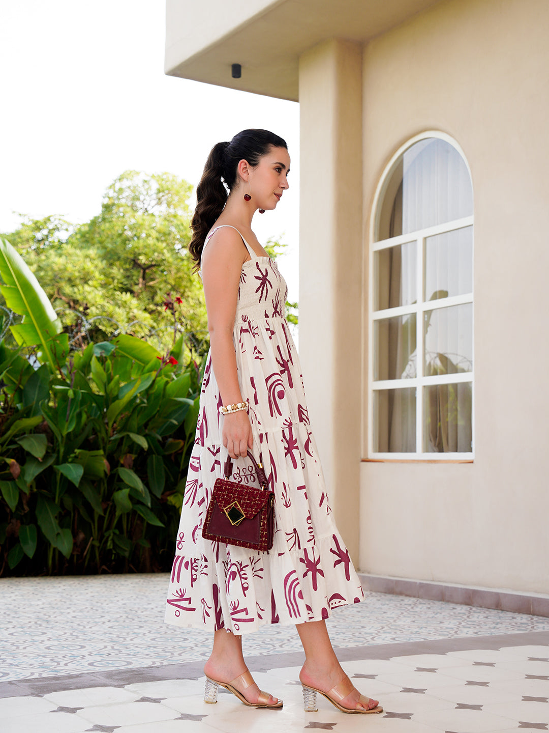 Off White Cotton Square Neck Printed Dress For Women