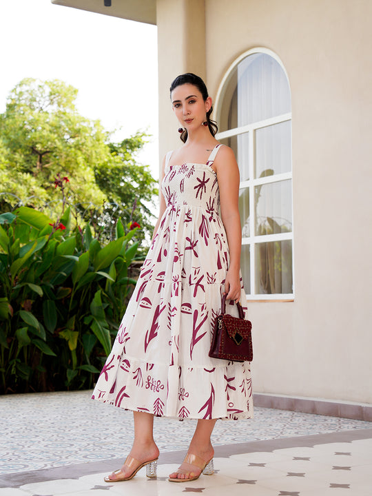 Off White Cotton Square Neck Printed Dress For Women