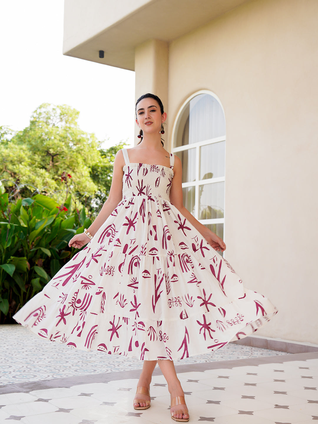 Off White Cotton Square Neck Printed Dress For Women