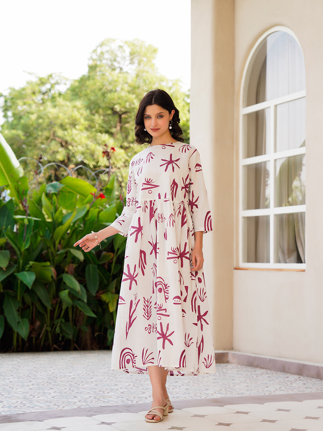 Off White Cotton Printed Shirt Collar Dress for Women